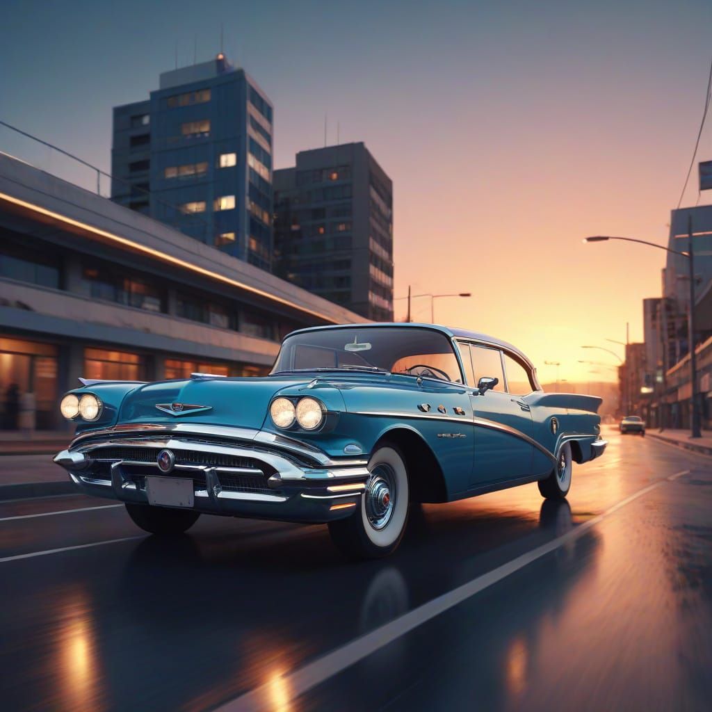 Retro Futuristic Blue '58 Buick Speeds Down Deserted Highway