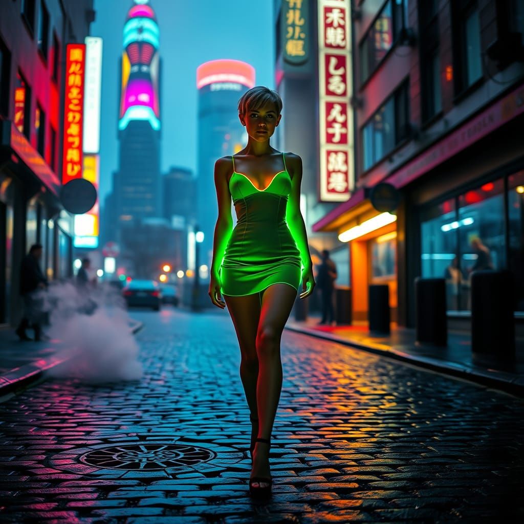 Woman in Neon Dress Walking in Futuristic City