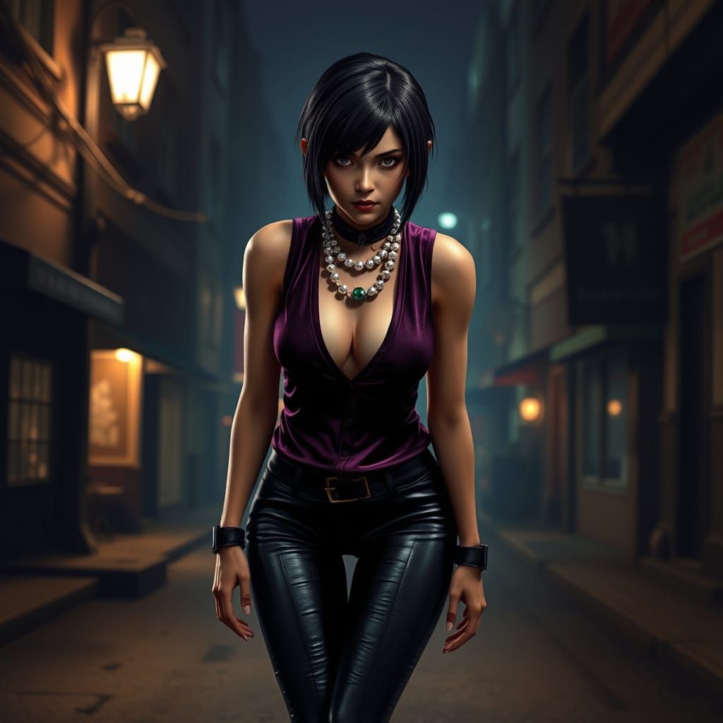Ada Wong in a lonely street at night.