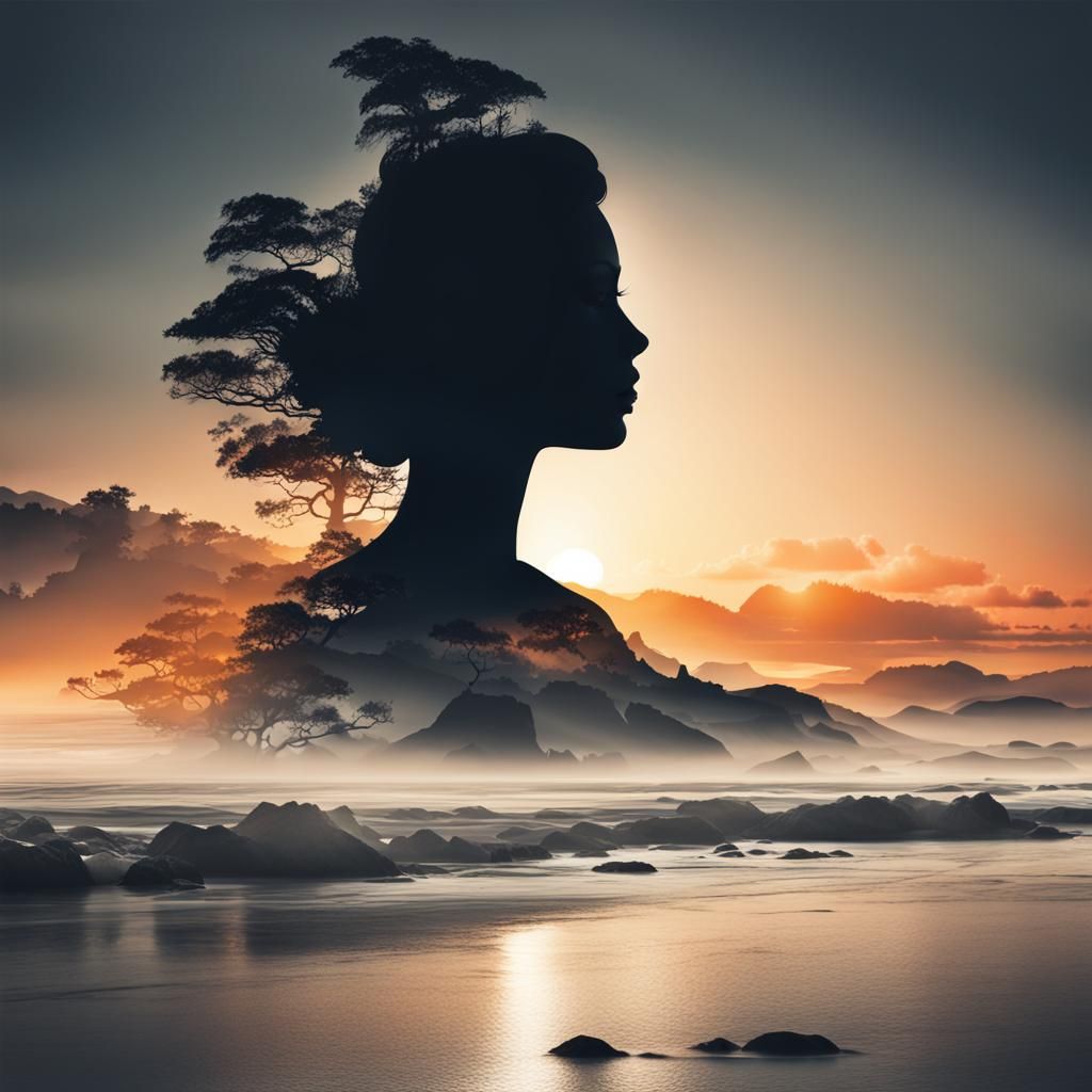 Goddess Silhouette Double Exposure on Sunset Coast