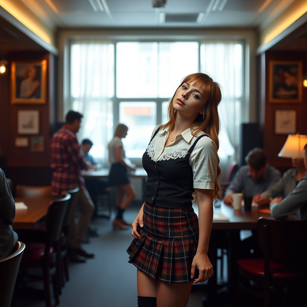 Young Woman in Plaid Skirt Biting Lip