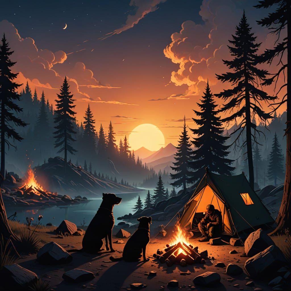 Man and Dog Silhouettes in a Fantastical Campfire Scene