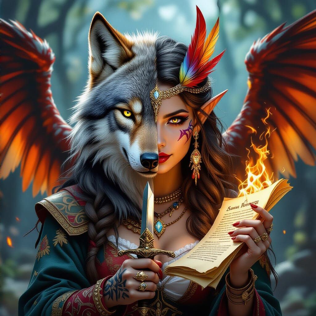Elf Sorceress Wolf Hybrid with Fiery Sword