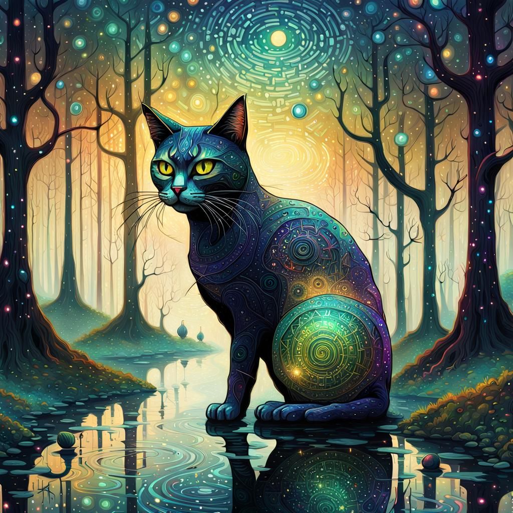 Mystical Big-Eyed Cat in Iridescent Forest