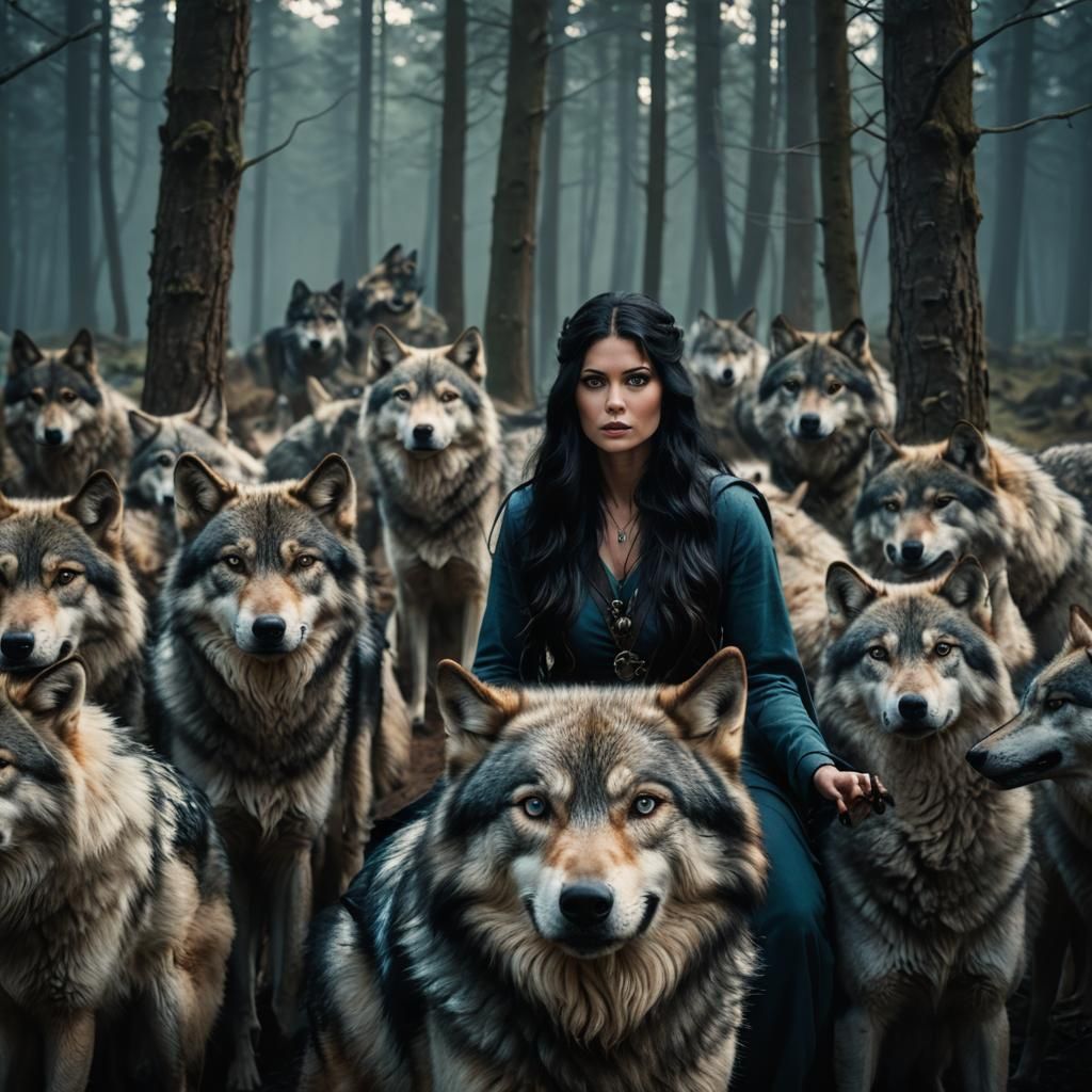 Dramatic Film Still of Woman Surrounded by Wolves