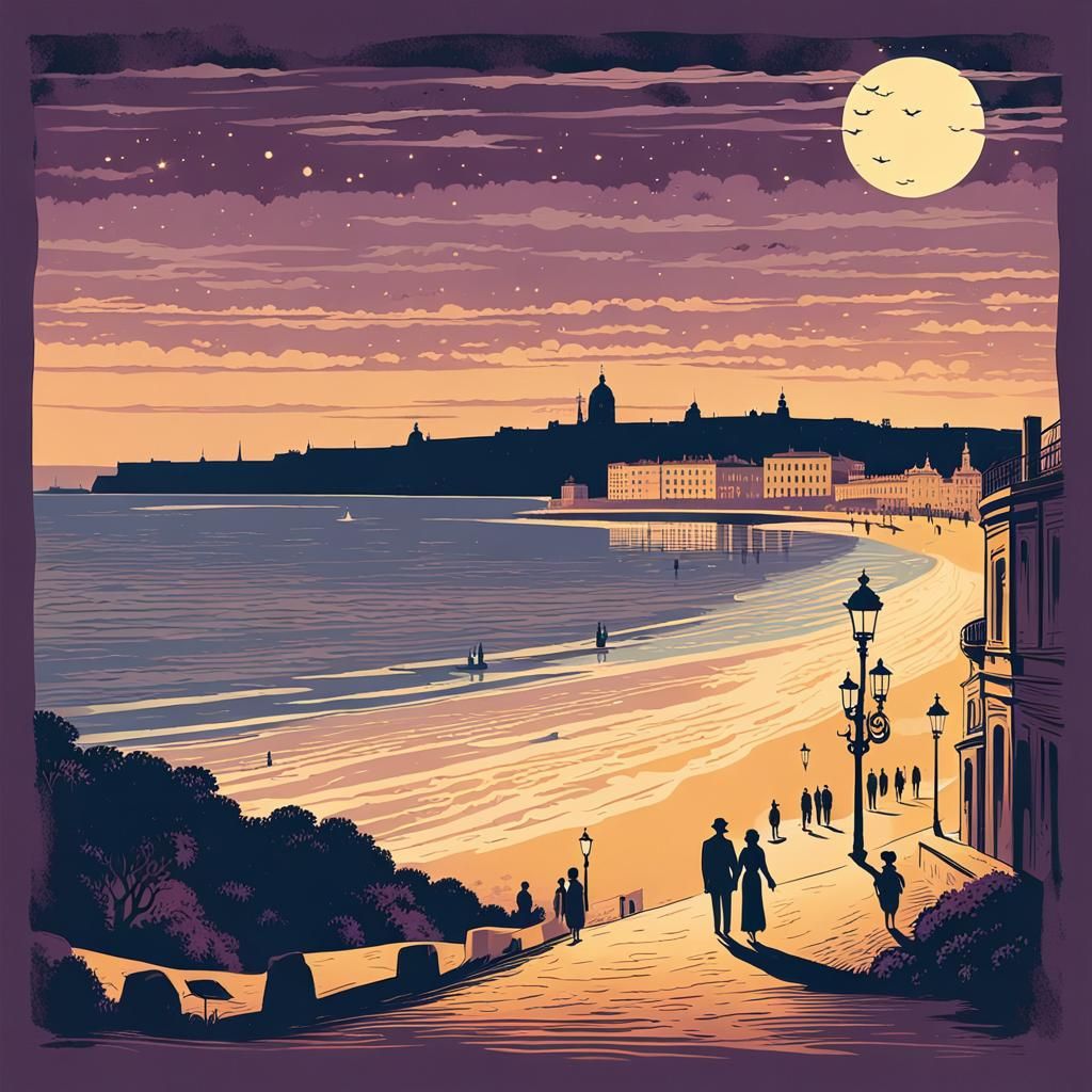 Lithography Romantic Evening in Lisbon