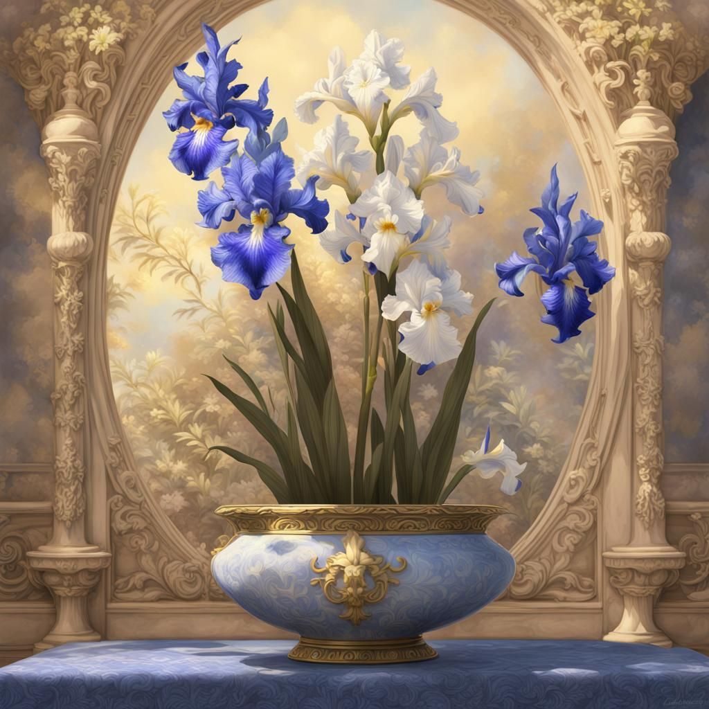Bearded Iris and Larkspur Bouquet: Detailed Matte Painting