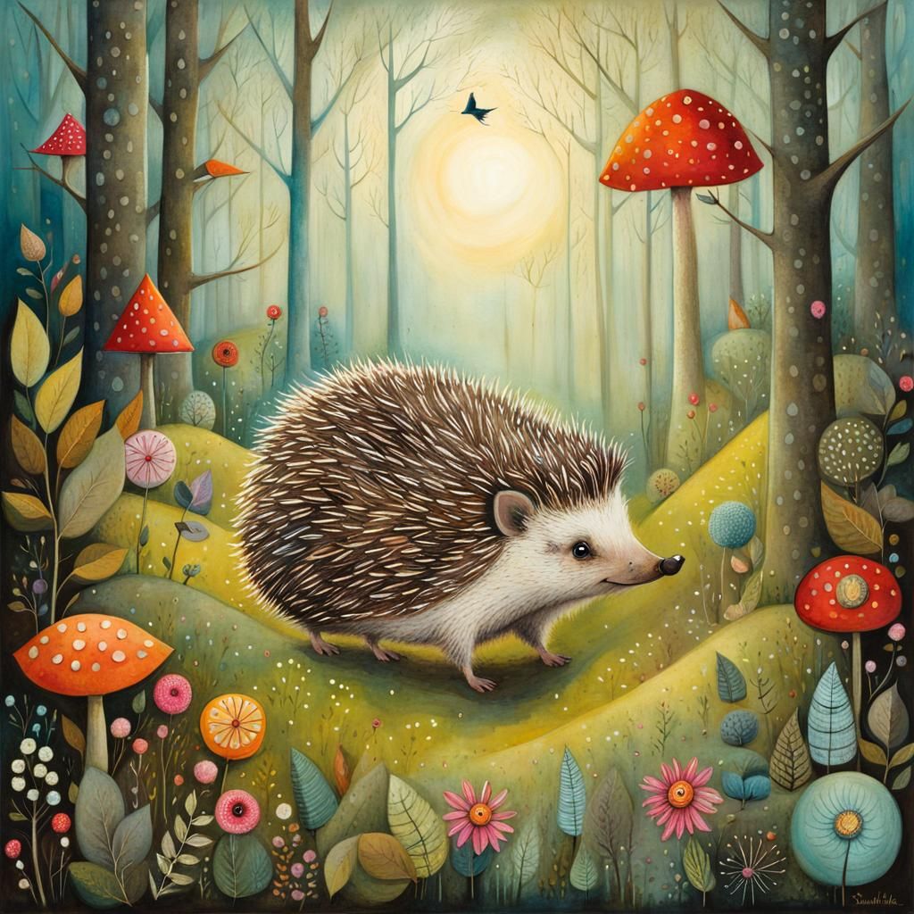 Hedgehog's Magical Forest Adventure: Whimsical Illustration