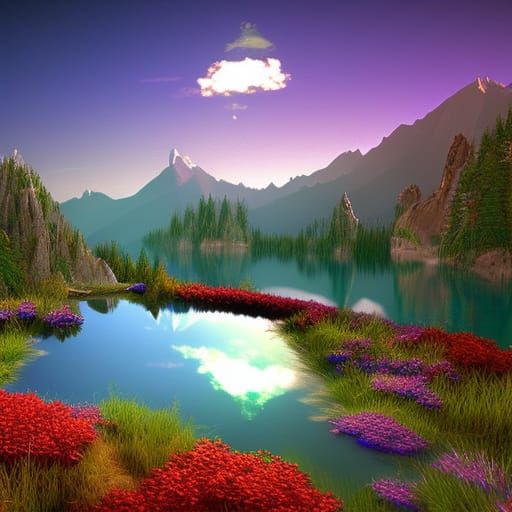 Colorful Mountain Top Pond in Hyperrealistic Style