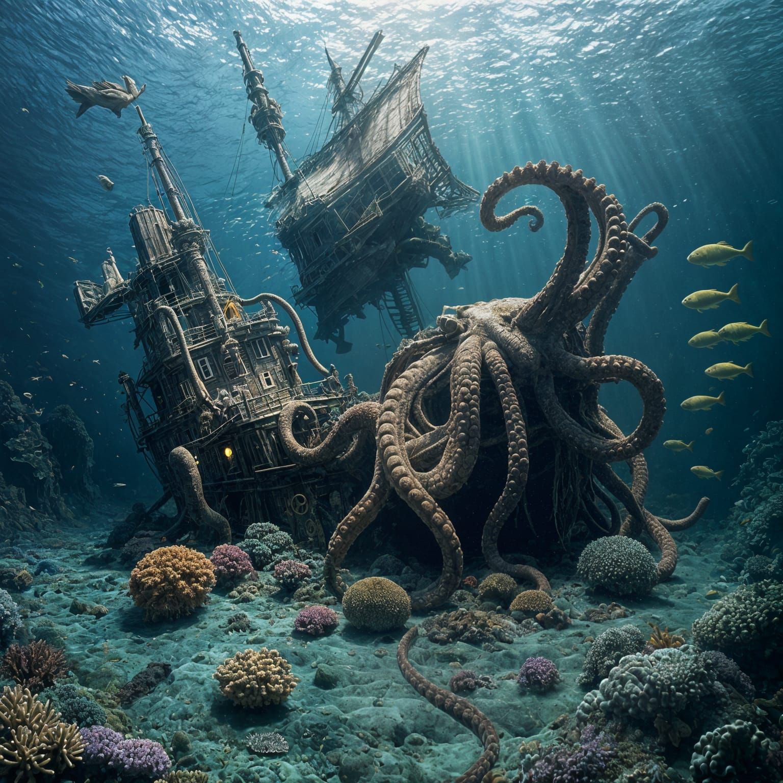 Sunken Pirate Ship Habitat in Deep Sea