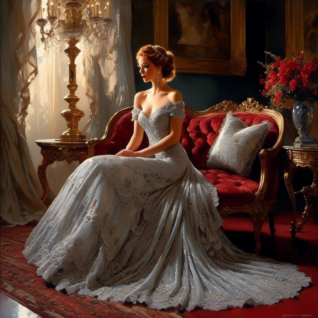 Woman in Silver Lace Gown: Digital Art