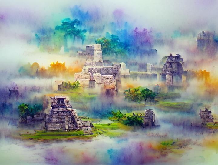 Ancient Mayan City in Watercolor Fantasy Style