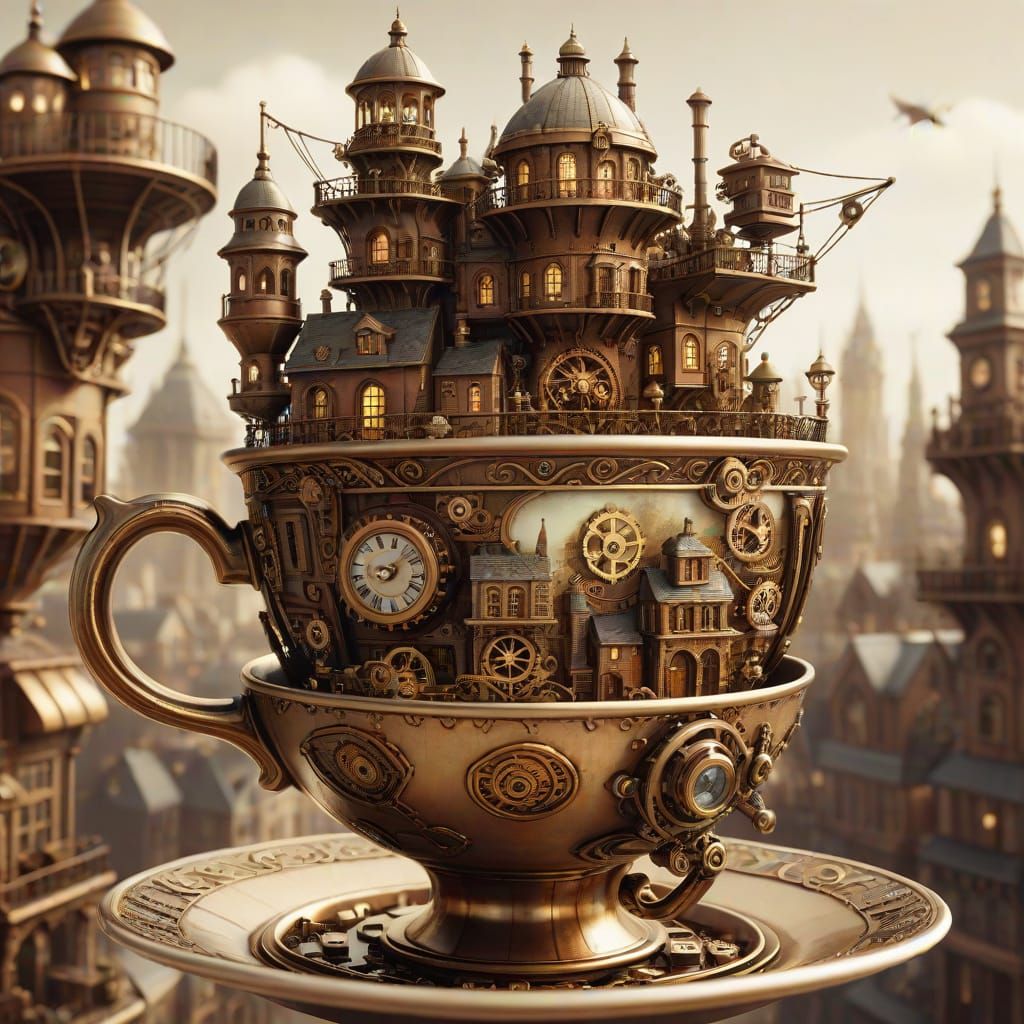 Steampunk City Inside a Teacup: Detailed Concept Art