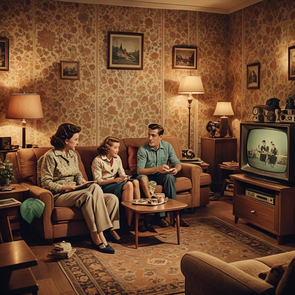 Cozy 1950s Family Night in Retro Film Still