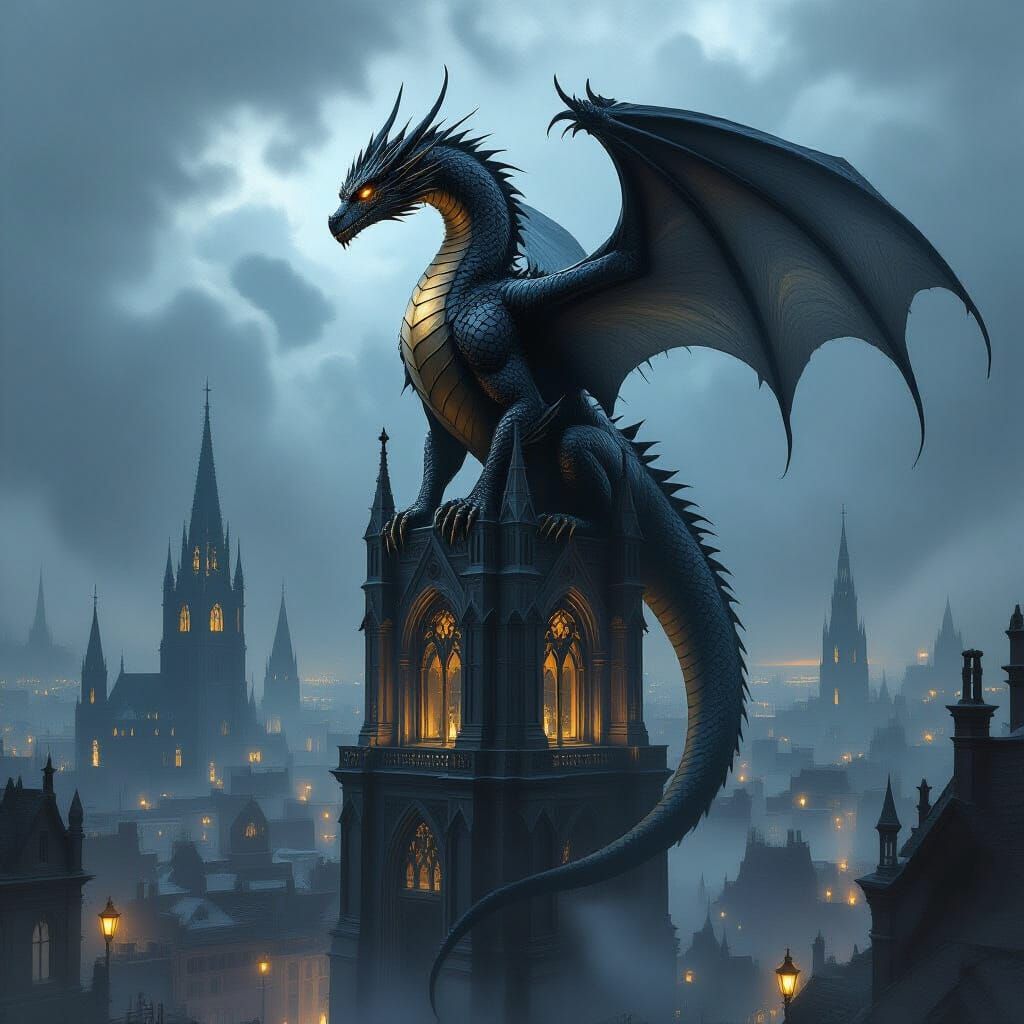 Ancient Dragon Over Gothic City