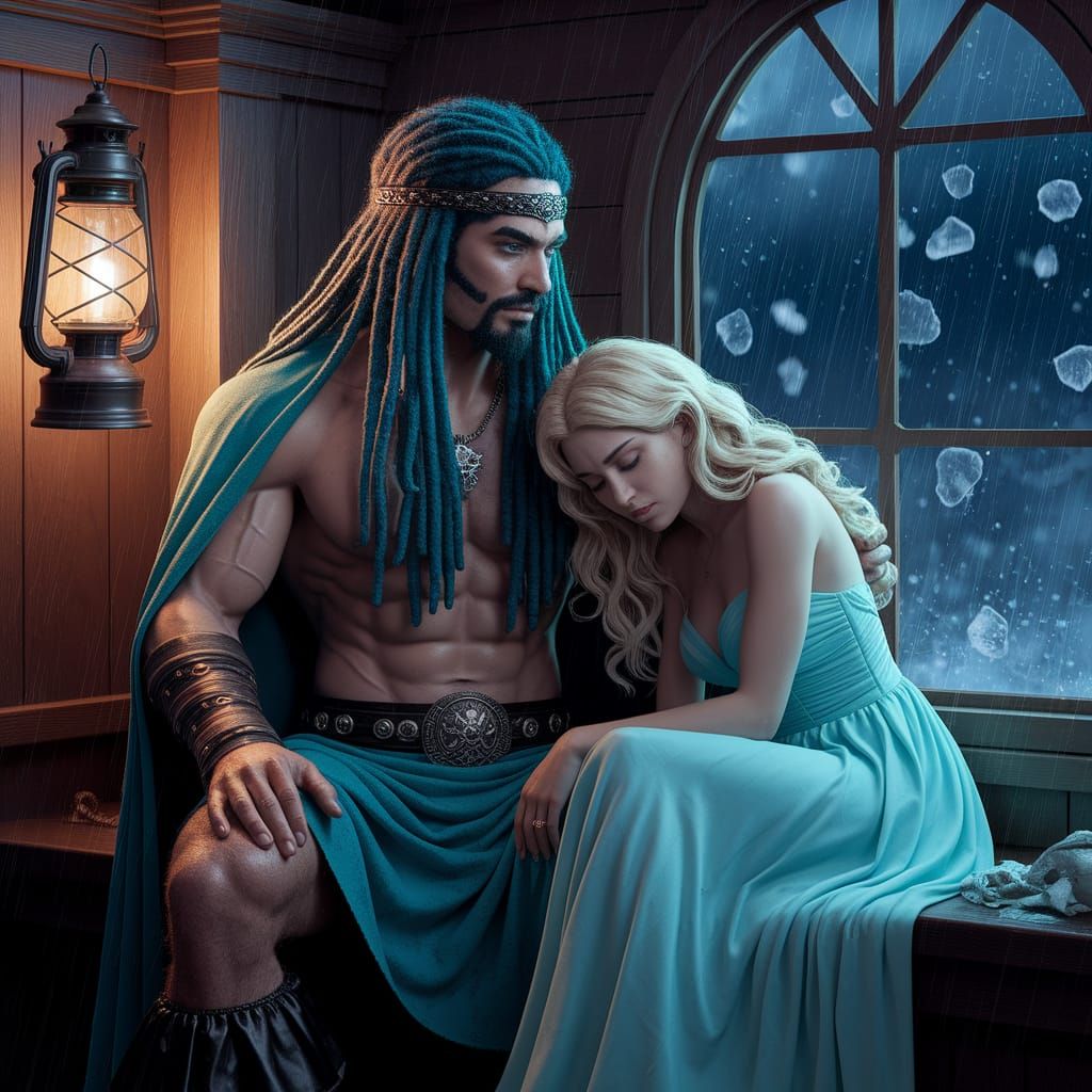 Majestic Sea King in Turquoise Regalia, Comforting Weeping W...