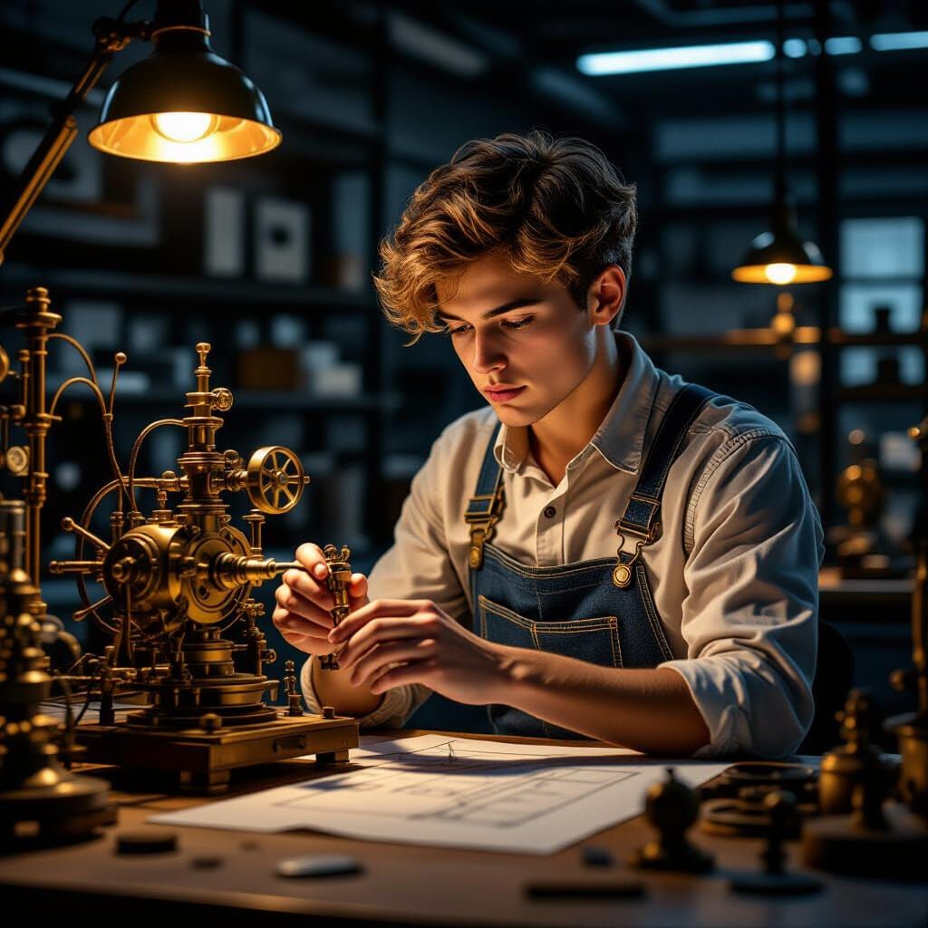 Young Inventor in Steampunk Lab, Detailed Realistic Style