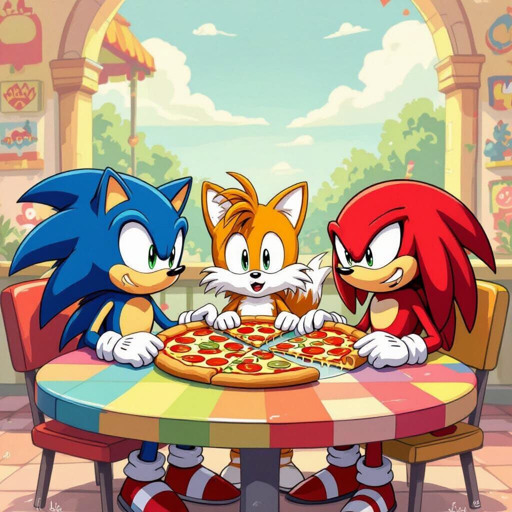 Sonic, Tails, and Knuckles Eating Pizza in Cartoon Style