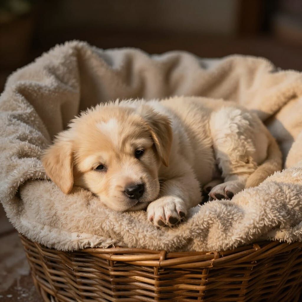 Adorable Australian Shepherd Puppy Sleeping in Warm Sunset L...