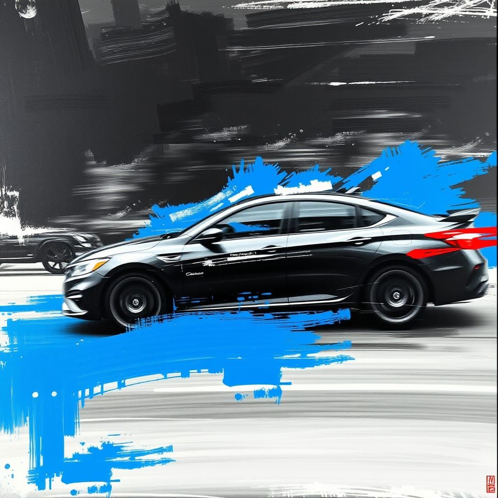 Speeding Car in Vibrant Blue, Thick Brushstrokes