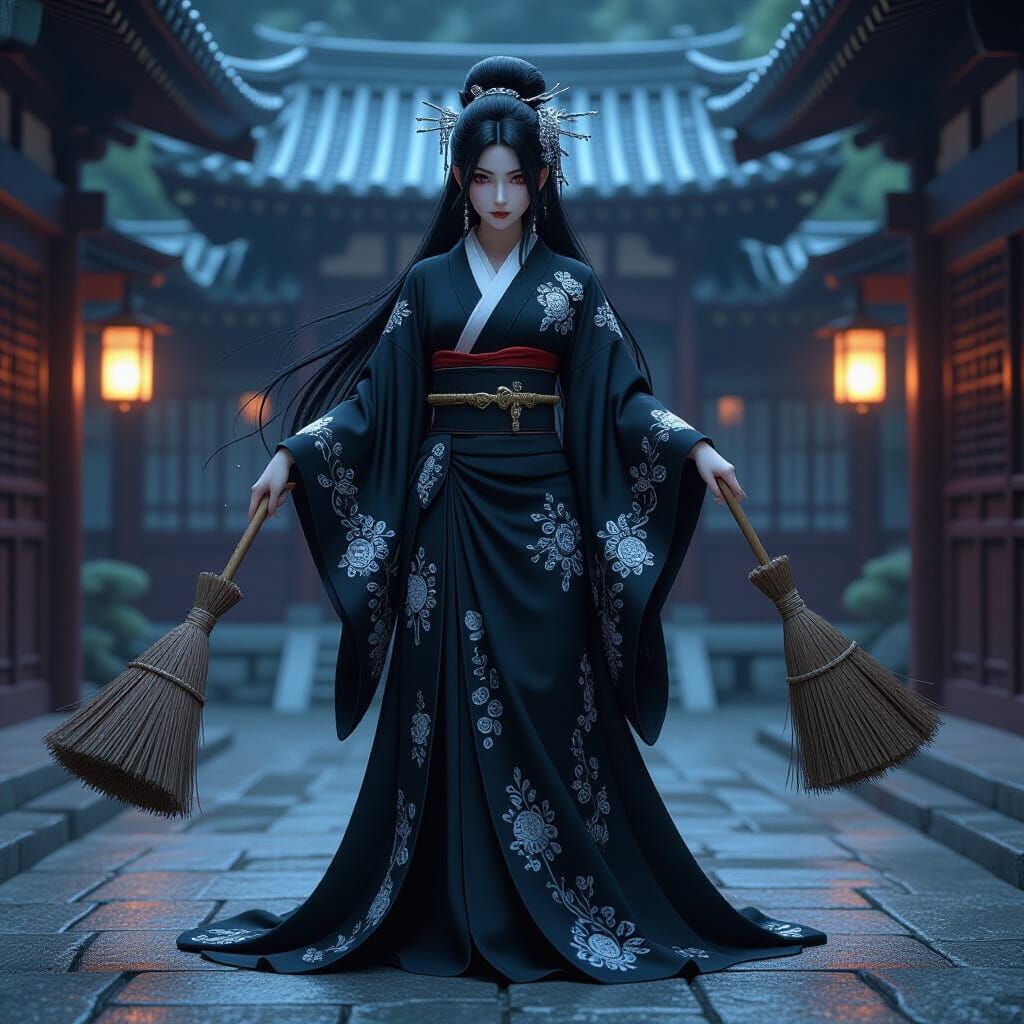 Gothic Japanese Witch Performing Magic in Ancient Temple Cou...