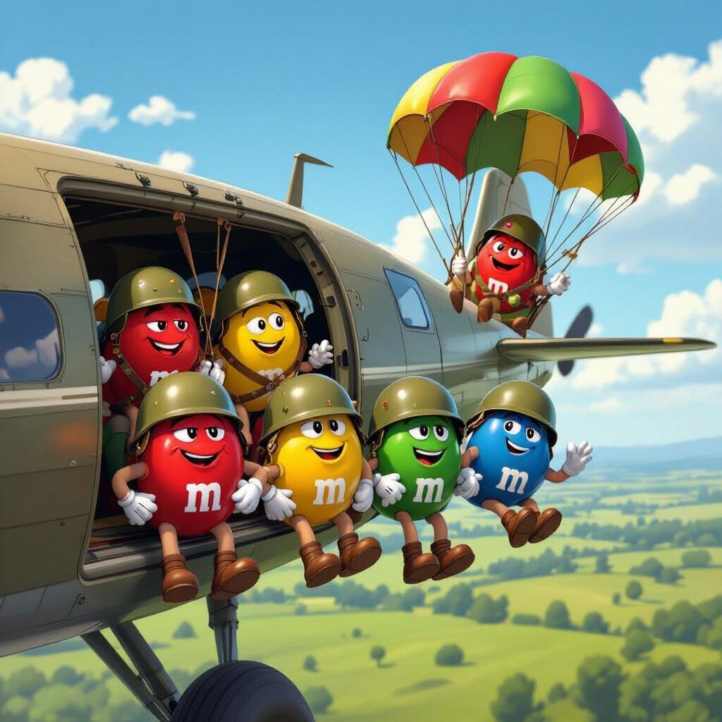 M&M Candies Parachuting from WWII Plane in Cartoon Style