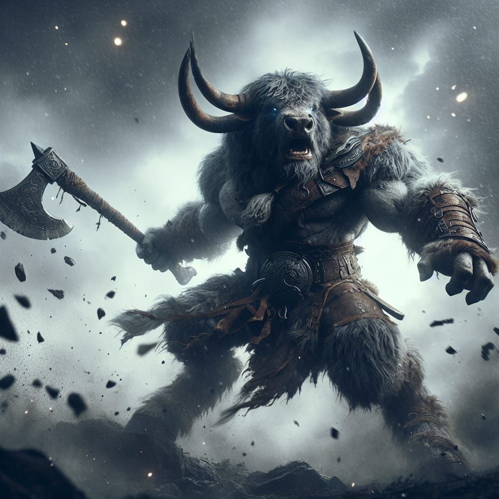 Armored Bull Warrior in Stormy Cinematic Scene