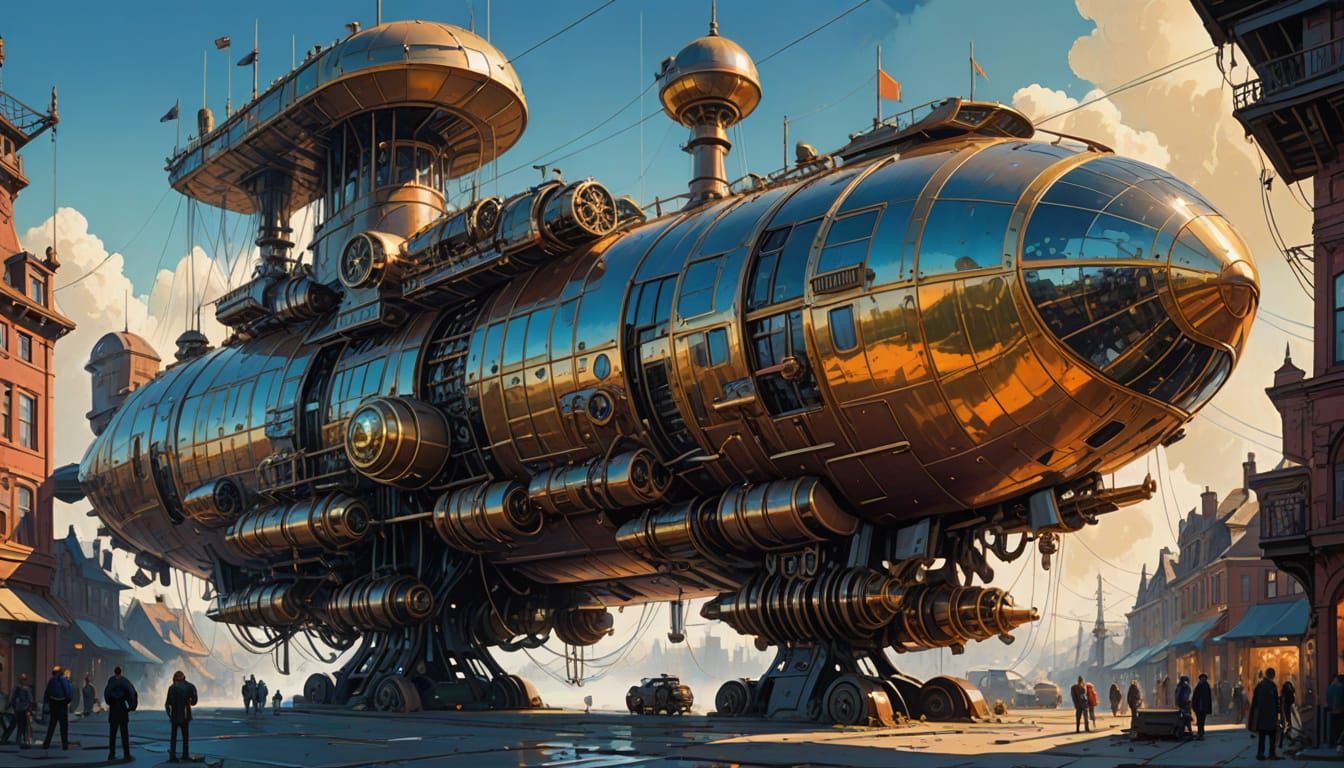 Steampunk Airship with Town in Hyperrealistic Detail