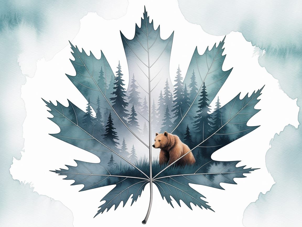 Watercolor Forest Landscape on Maple Leaf