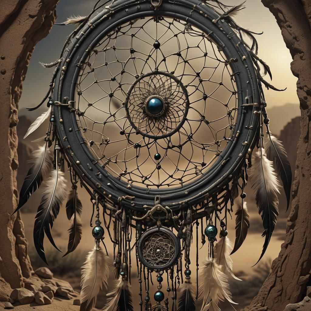 Detailed Desert Dreamcatcher in Daguerreotype Style