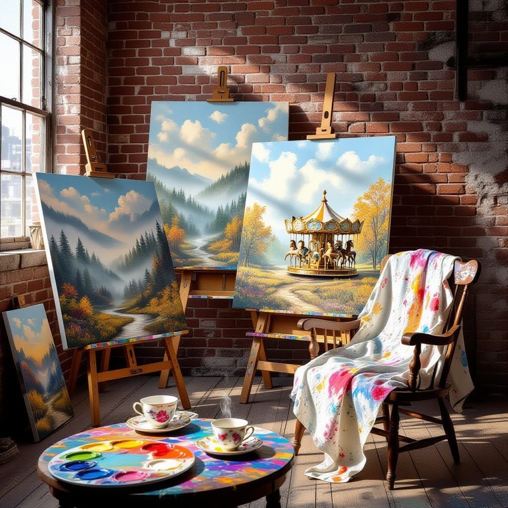 Artist's Loft with Forest Canvases in Bright Daylight