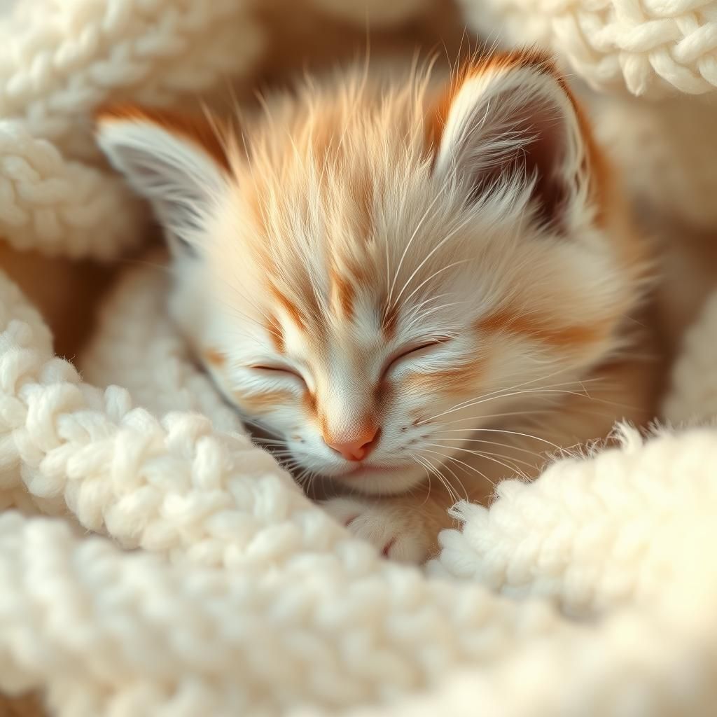 Fluffy Kitten Sleeping Peacefully on White Blanket