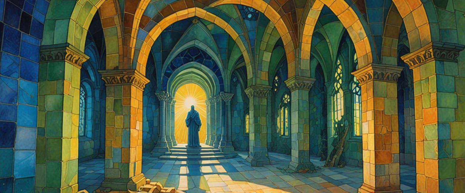 Christ in Abandoned Passageway: Whimsical Watercolor Art