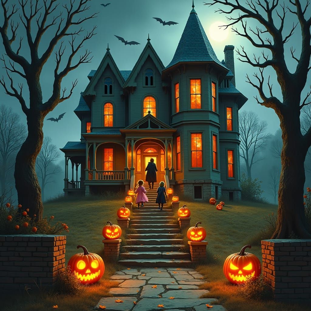 Spooky Victorian House with Trick-or-Treaters: A Whimsical S...