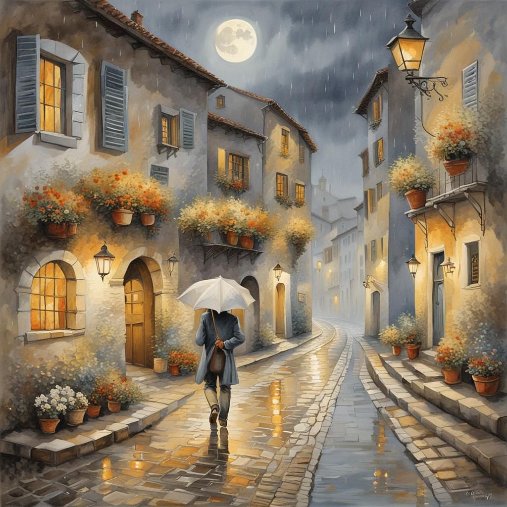 Rainy Nightscape: Young Man Walks Home