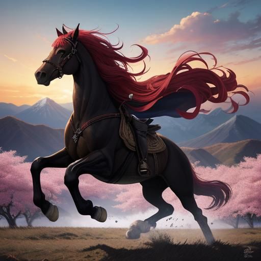 Fiery Red Stallion Galloping in Anime Style