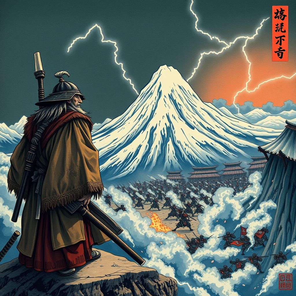 Samurai on Snowy Peak Overlooking Battlefield, Ukiyo-e Style