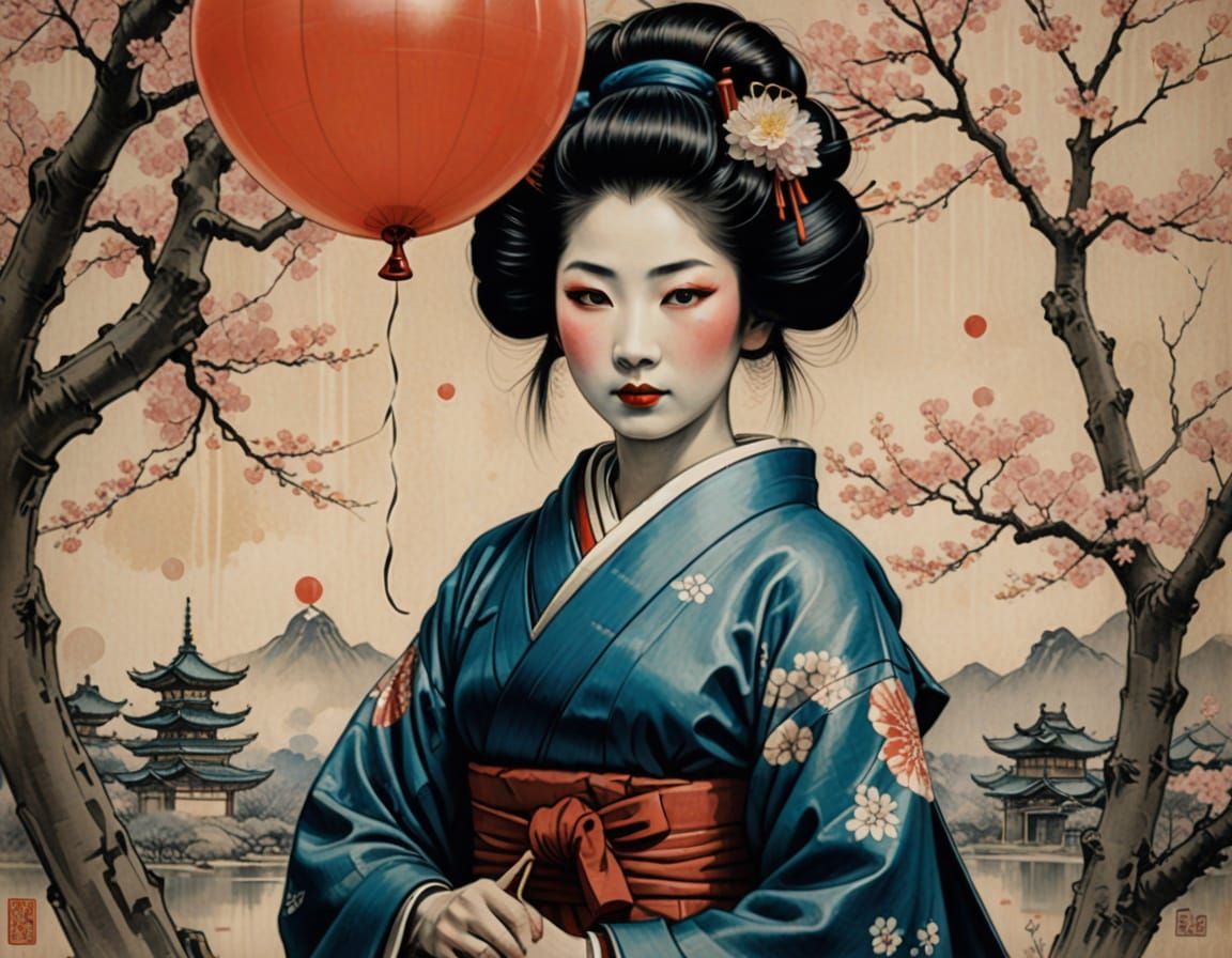 Geisha with Balloon and Sakura, Illustrative Portrait