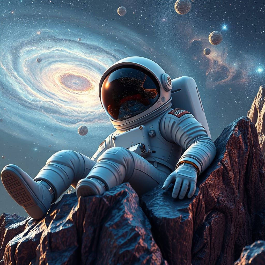 Astronaut in Cosmic Landscape with Distorted Universe Reflec...
