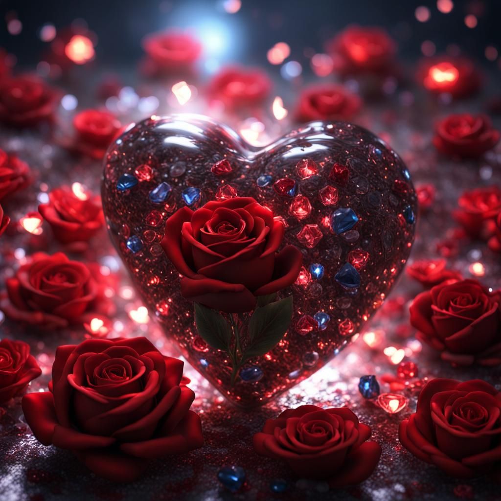 Crystallast Heart with Roses and Fireflies
