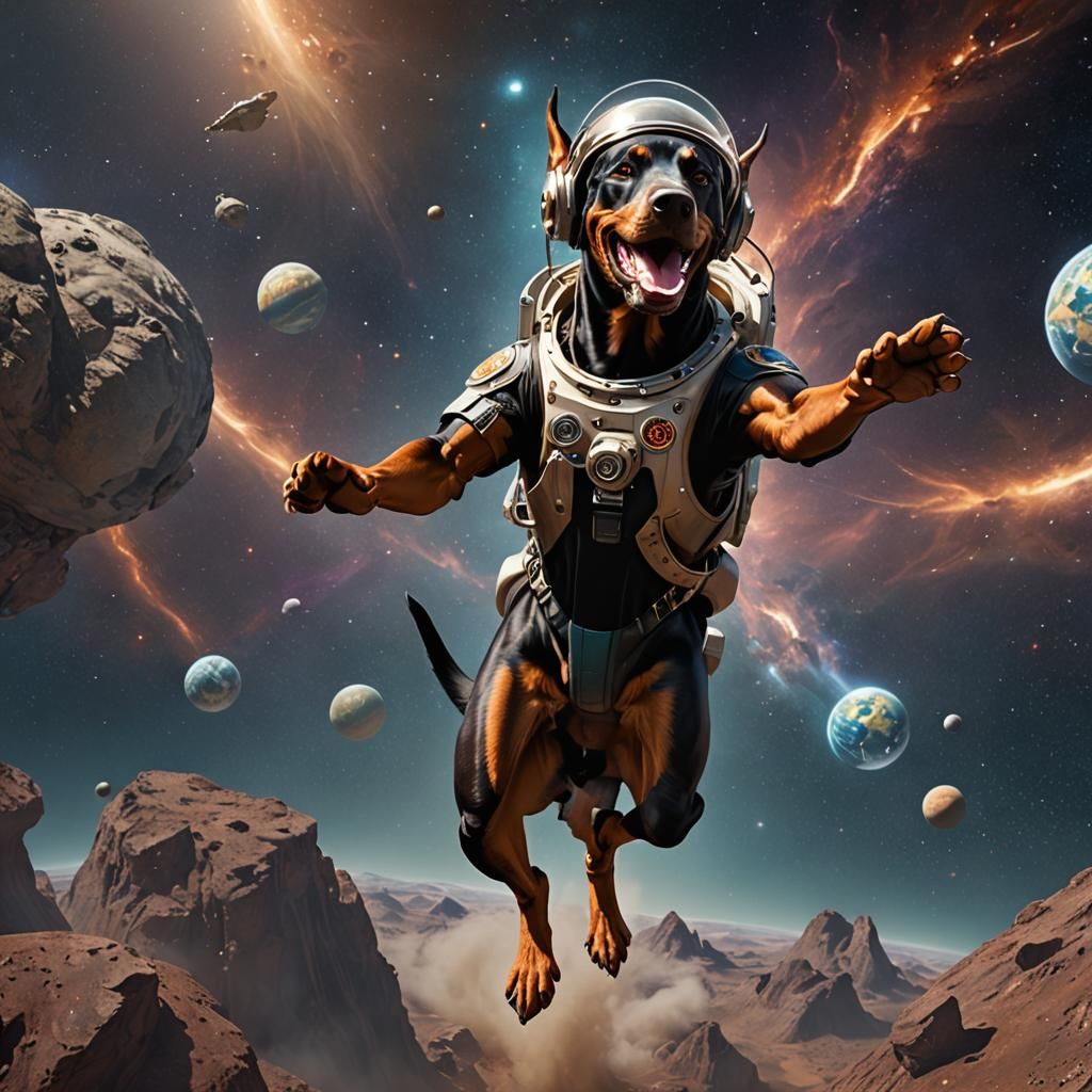 Doberman Astronaut in Space: Dark Fantasy Art