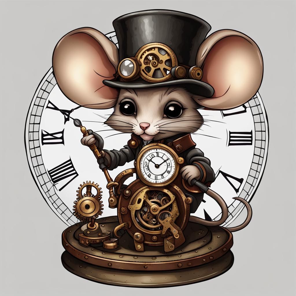 Steampunk Chibi Mice Repairing a Clock