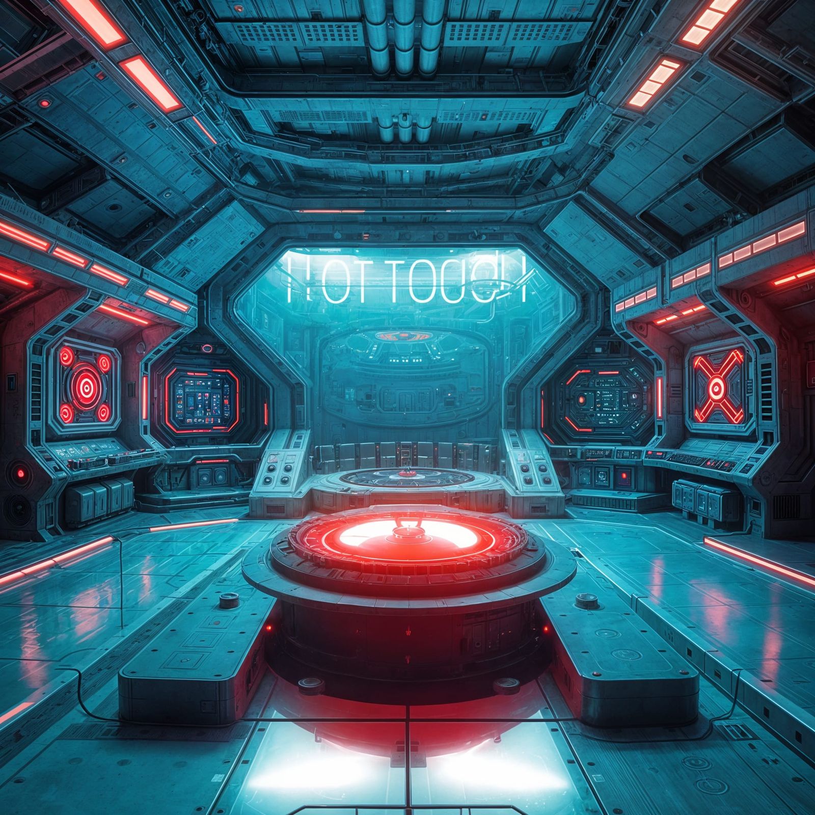 Futuristic Control Room with Glowing Red Button and Warning ...