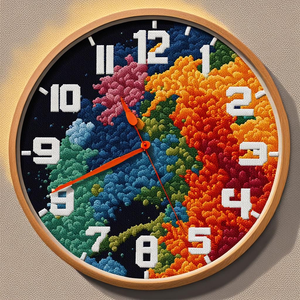 Needlepoint Clock Face at 9 O'Clock, Hyperrealistic