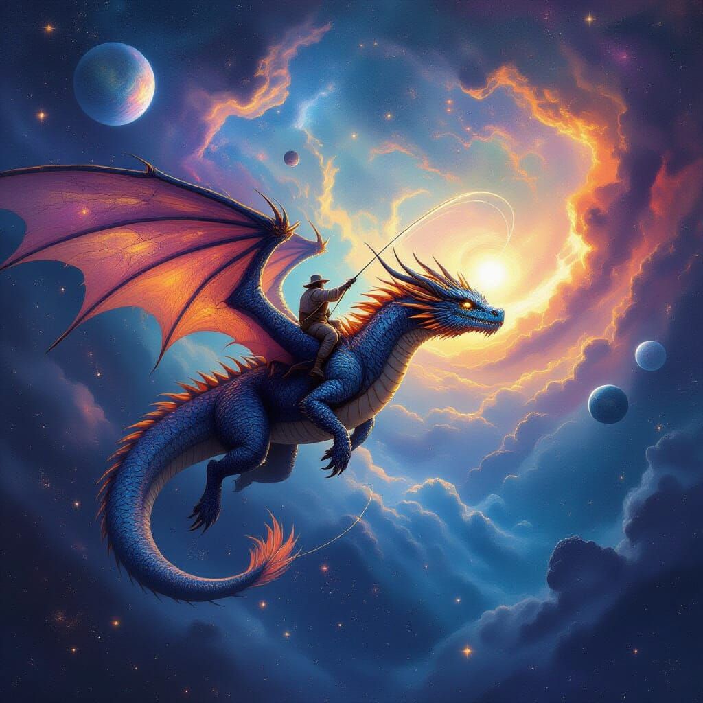 Cosmic Dragon Carries Fisherman Through Starry Nebula