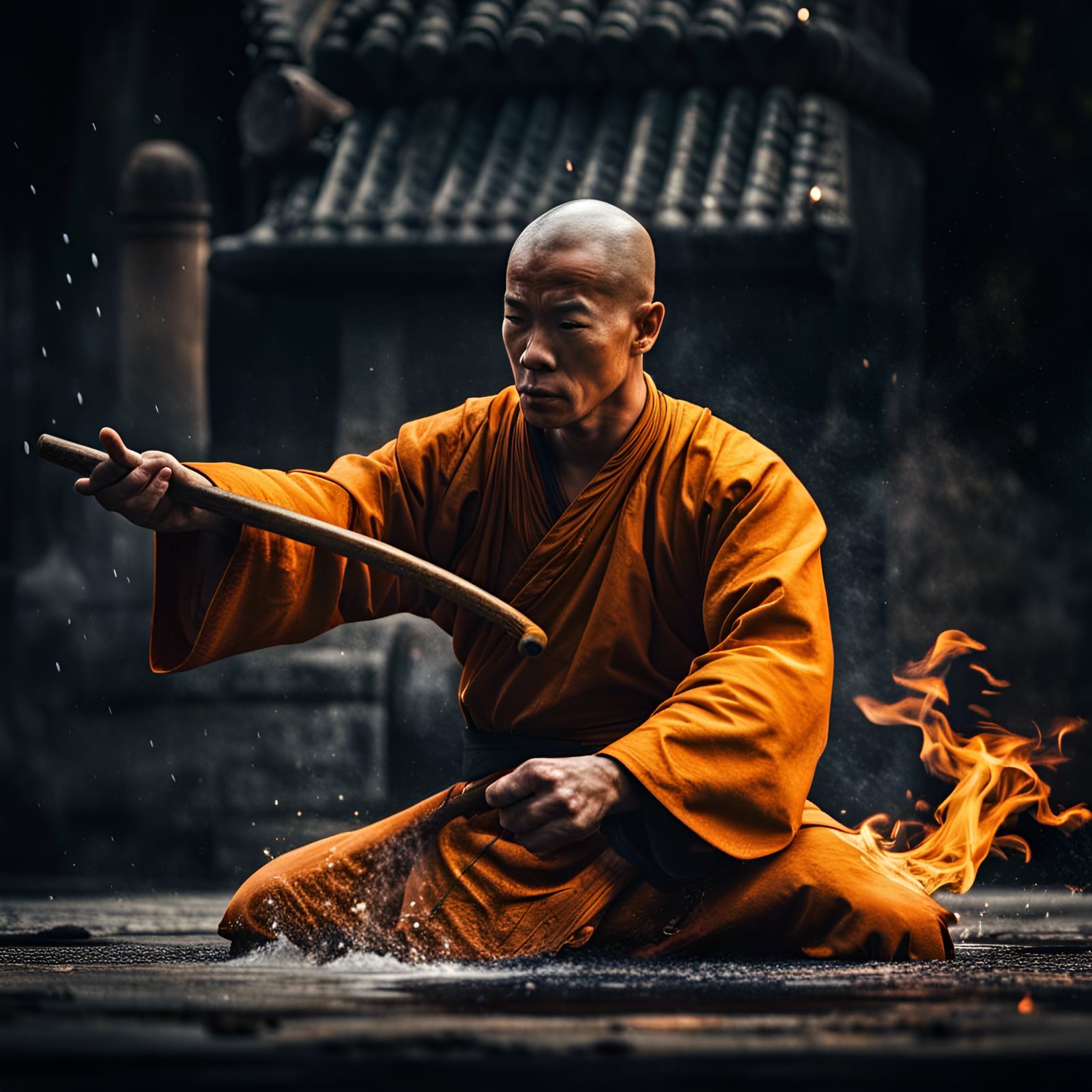 Hyperrealistic Shaolin Monk Mastering Fire and Water