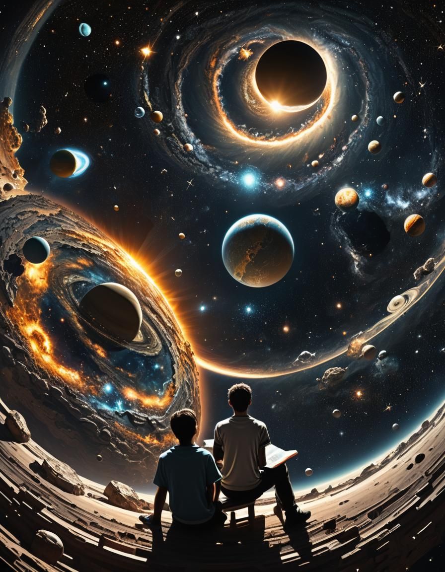 Depiction of the vastness of space universe with distant galaxies stars intricately detailed planets person sitting stud...