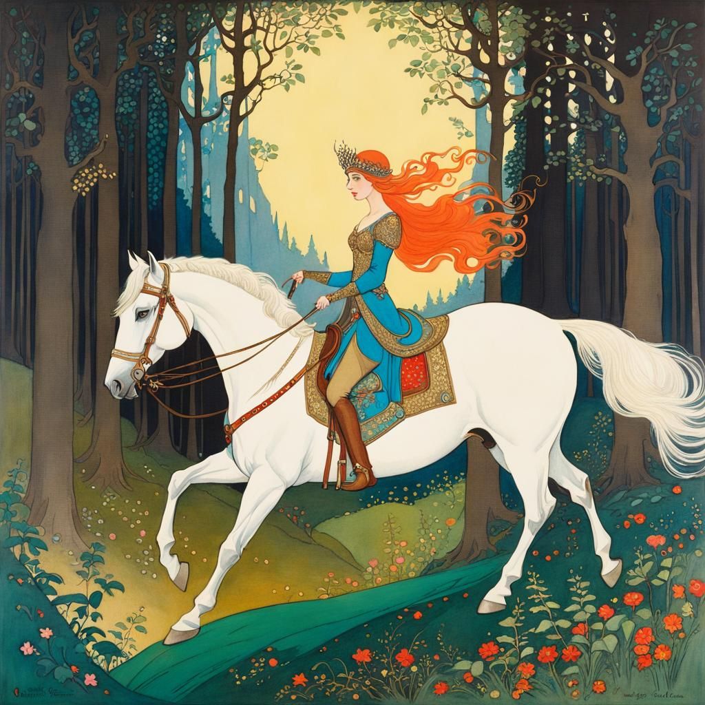 Lady Godiva Rides Through Forest: Gouache Fineliner Art
