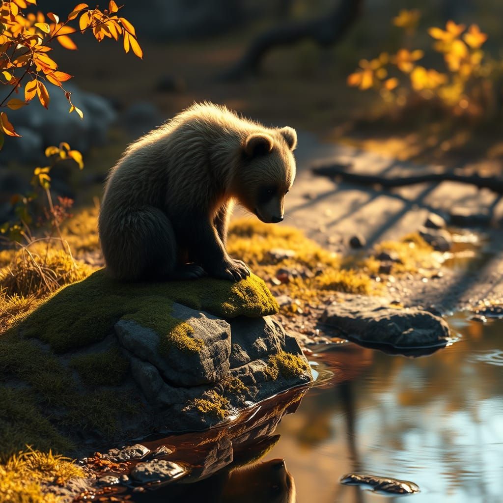 Bear Cub and Reflection: A Matte-Painted Fantasy