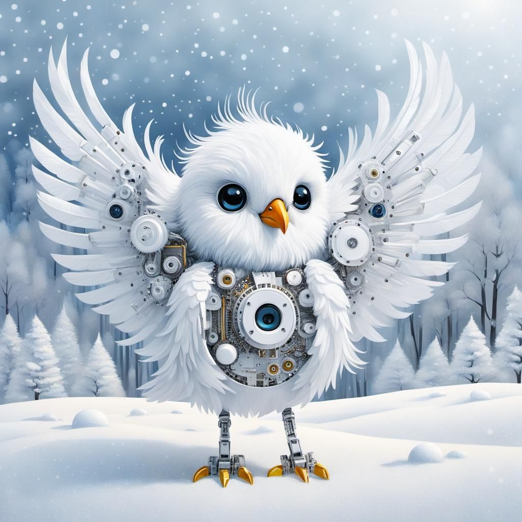 Robotic-Winged Bird in Shimmering Landscape, Klimt-Inspired